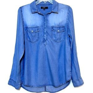 EARL JEAN Women's Popover Shirt Chambray Blue Denim Tencel Pearl S